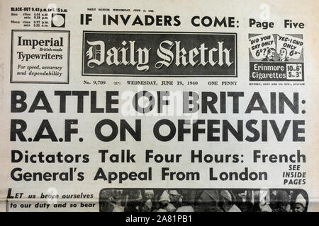 Replica newspaper during the Battle of Britain: Front page of the Daily Sketch on 19th June 1940, with 'Battle of Britain: RAF on offensive' headline. Stock Photo