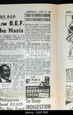 Ad for Cadbury's Bournville Cocoa drink: Daily Sketch newspaper (replica), 19th June 1940 (during Battle of Britain). Stock Photo