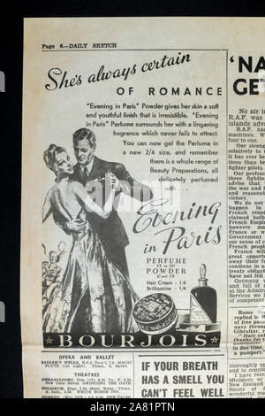 Ad for 'Evening in Paris' Bourjois perfume powder : Daily Sketch newspaper (replica), 19th June 1940 (during Battle of Britain). Stock Photo