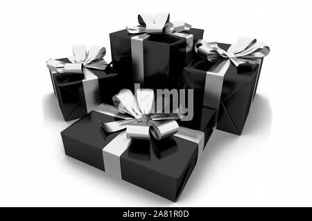 Collection of various sized gift boxes wrapped in a shiny black paper and a silver ribbon and bow on isolated white background. 3d illustration. Stock Photo
