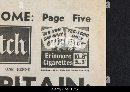 Ad for Erinmore Cigarettes on the front page of the Daily Sketch newspaper (replica), 19th June 1940 (during Battle of Britain). Stock Photo