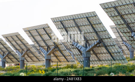 Back side of a solar panel, photovoltaic, alternative electricity source - concept of sustainable resources in Spain. Stock Photo
