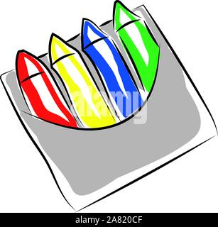 Crayons in box, illustration, vector on white background. Stock Vector