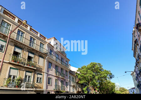 View to the Bairro Alto district in the historic center of Lisbon, traditional facades in the streets of the old town, Portugal Europe Stock Photo