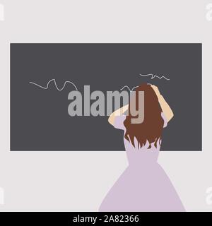 Girl writing on blackboard, illustration, vector on white background. Stock Vector