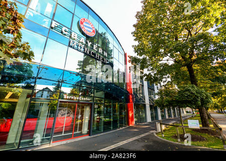 MUNICH BAVARIA GERMANY - OCT 11: Headquarter and soccer training center of the german football sports club FC Bayern Munich in Munich-Harlaching, Germ Stock Photo