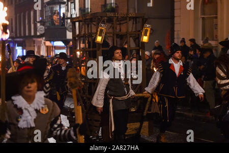 Lewes UK 5th November 2019 -Thousands take part and watch the annual Lewes Bonfire celebrations remembering the failure of the Guy Fawkes gunpowder plot of 1605 .The Lewes Bonfire Night Celebrations are the largest 'Fifth of November' event in the world with the six town bonfire societies taking part and over 30 processions taking place throughout the evening : Credit Simon Dack / Alamy Live News Stock Photo