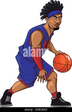 Basketball player dribbling, illustration, vector on white background. Stock Vector