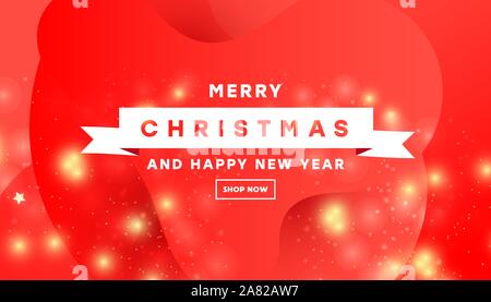 Winter 11.11 minimal banner with realistic white ribbon, liquid shape and golden fireworks on red christmas background with place for text. Horizontal Stock Vector