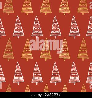 Gold foil metallic Christmas trees on white seamless vector pattern ...