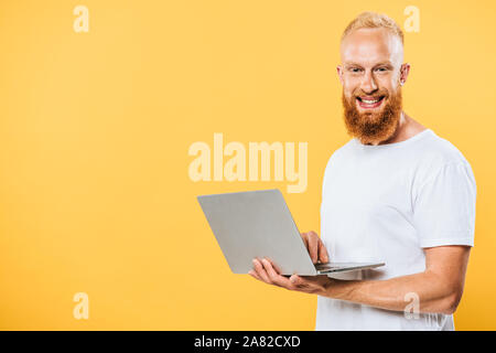 smiling bearded man using laptop, isolated on yellow Stock Photo