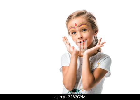 cheerful kid with face painting smiling isolated on white Stock Photo