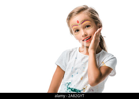 positive child with face painting smiling isolated on white Stock Photo