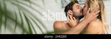 happy beautiful couple kissing in bed at home, selective focus of plant Stock Photo