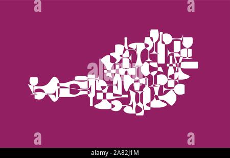 Countries winemakers - stylized maps from silhouettes of wine bottles, glasses and decanters. Map of Austria. Stock Vector