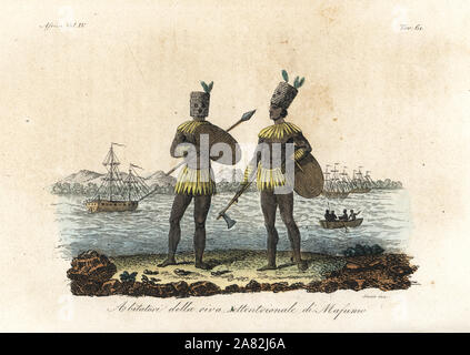 Battle costume of the natives of Dalagoa Bay (Maputo Bay), Mozambique. They wear reed helmets decorated with beads, cane armour at the neck, wrist and waist, and carry short spears and axes. Handcoloured copperplate engraving by Antonio Sasso from Giulio Ferrario's Ancient and Modern Costumes of all the Peoples of the World, Florence, Italy, 1843. Stock Photo