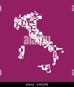 Countries winemakers - stylized maps from silhouettes of wine bottles, glasses and decanters. Map of Italy. Stock Vector