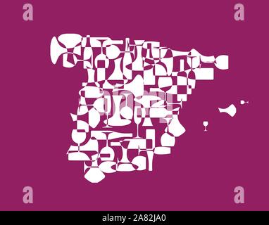 Countries winemakers - stylized maps from silhouettes of wine bottles, glasses and decanters. Map of Spain. Stock Vector