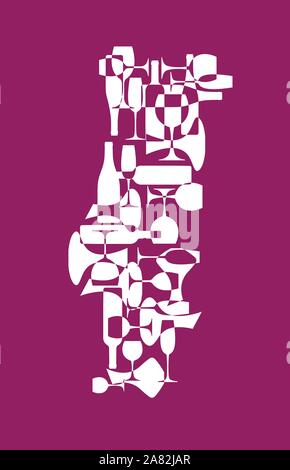 Countries winemakers - stylized maps from silhouettes of wine bottles, glasses and decanters. Map of Portugal. Stock Vector