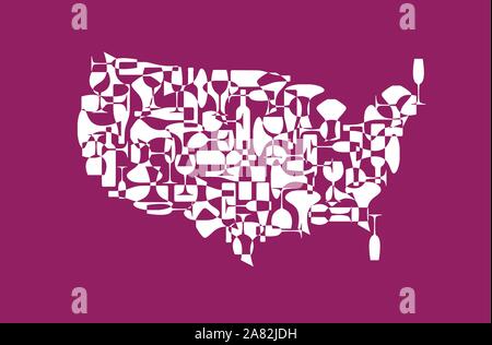 Countries winemakers - stylized maps from silhouettes of wine bottles, glasses and decanters. Map of United States. Stock Vector