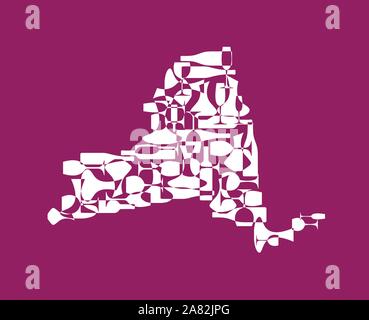 States winemakers - stylized maps from silhouettes of wine bottles, glasses and decanters. Map of New York. Stock Vector