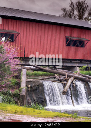 Bridgeton Indiana USA, May 2 2019; close up of part of this famous Indiana covered bridge. Originally built in 1868, this new one was rebuilt in 2006 Stock Photo