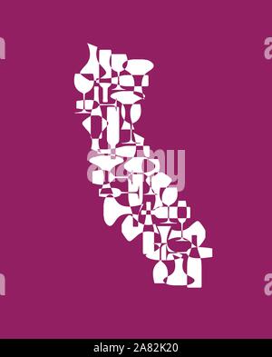 States winemakers - stylized maps from silhouettes of wine bottles, glasses and decanters. Map of California. Stock Vector