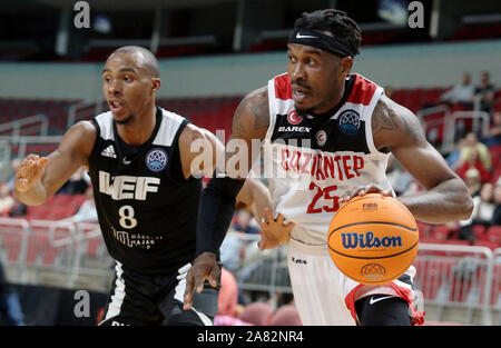 Riga, Latvia. 5th Nov, 2019. Lester Medford (L) of VEF Riga vies with Jason Rich of Gaziantep Basketbol during the group C match at Europe Basketball Champions League in Riga, Latvia, on Nov. 5, 2019. Credit: Edijs Palens/Xinhua/Alamy Live News Stock Photo