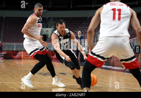 Riga, Latvia. 5th Nov, 2019. Janis Blums (C) of VEF Riga breaks through during the group C match at Europe Basketball Champions League in Riga, Latvia, on Nov. 5, 2019. Credit: Edijs Palens/Xinhua/Alamy Live News Stock Photo