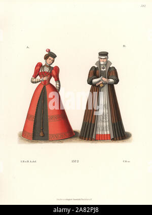 German women in dresses with big shoulder pads, 1572. Young woman in gold hairnet and plumed cap, and doctor's wife in unusual hat and veil that hides the hair, mouth and chin. From miniature enamels in Darmstadt Grand-Ducal Library. Chromolithograph from Hefner-Alteneck's Costumes, Artworks and Appliances from the Middle Ages to the 17th Century, Frankfurt, 1889. Illustration by Dr. Jakob Heinrich von Hefner-Alteneck, lithographed by C. Regnier. Dr. Hefner-Alteneck (1811-1903) was a German museum curator, archaeologist, art historian, illustrator and etcher. Stock Photo
