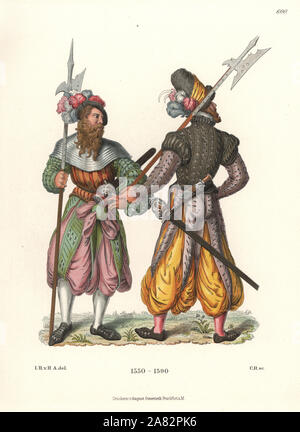 German soldiers with halberds wearing harem pants, late 16th century. Gunpowder expert with his back to us, and soldier with cap and armour collar. From color pen drawings in the possession of C. Becker of Wurzburg. Chromolithograph from Hefner-Alteneck's Costumes, Artworks and Appliances from the Middle Ages to the 17th Century, Frankfurt, 1889. Illustration by Dr. Jakob Heinrich von Hefner-Alteneck, lithographed by C. Regnier. Dr. Hefner-Alteneck (1811-1903) was a German museum curator, archaeologist, art historian, illustrator and etcher. Stock Photo