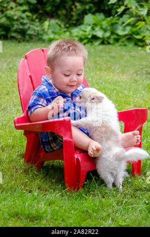 cute toddler with friendly puppy outdoors Stock Photo