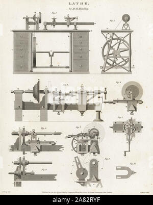 Henry Maudslay's revolutionary screw-cutting lathe, 1800. Copperplate engraving by Wilson Lowry after a drawing by J. Farey from Abraham Rees' Cyclopedia or Universal Dictionary of Arts, Sciences and Literature, Longman, Hurst, Rees, Orme and Brown, London, 1815. Stock Photo