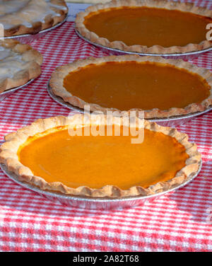 delicious freshly made pies rest on a red checkered table cloth at a pastry shop Stock Photo
