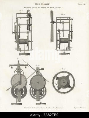 Ancient clock built by Henry de Wick and erected in the palace tower of King Charles V the Wise of France, 1370. Copperplate engraving by Wilson Lowry from Abraham Rees' Cyclopedia or Universal Dictionary of Arts, Sciences and Literature, Longman, Hurst, Rees, Orme and Brown, London, 1808. Stock Photo