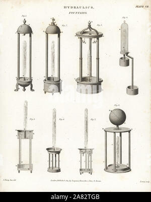 Types of fountains, 18th century. Copperplate engraving by Wilson Lowry after a drawing by J. Farey from Abraham Rees' Cyclopedia or Universal Dictionary of Arts, Sciences and Literature, Longman, Hurst, Rees, Orme and Brown, London, 1815. Stock Photo