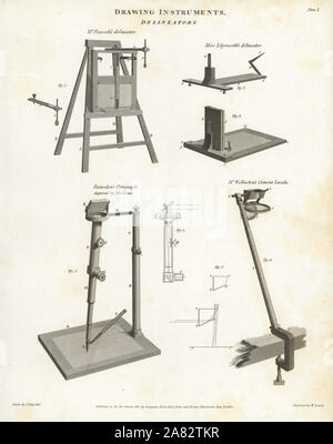 Drawing instruments including perspective aids such as Mr. Peacock's delineator and Miss Maria Edgeworth's delineator, Jesse Ramsden's optigraph improved by Thomas Jones and Dr. William Hyde Wollaston's camera lucida. Copperplate engraving by Wilson Lowry after a drawing by John Farey Jr. from Abraham Rees' Cyclopedia or Universal Dictionary of Arts, Sciences and Literature, Longman, Hurst, Rees, Orme and Brown, London, 1812. Stock Photo