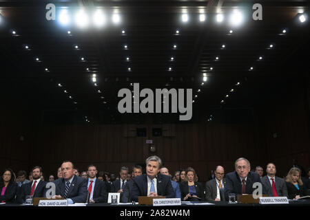 November 5, 2019, Washington, District of Columbia, USA: Under Secretary at the U.S. Department of Homeland Security David Glawe, Director of the Federal Bureau of Investigation Christopher Wray, and Acting Director.of the National Counterterrorism Center Russell Travers testify before the U.S. Senate Committee on Homeland Security and Governmental Affairs on Capitol Hill in Washington D.C., U.S., on Tuesday, November 5, 2019.. .Credit: Stefani Reynolds / CNP/AdMedia (Credit Image: © Stefani Reynolds/AdMedia via ZUMA Wire) Stock Photo