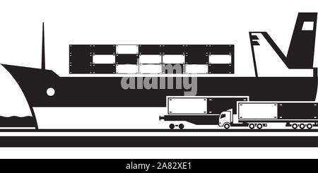 Transportation of cargo container by land and by water - vector illustration Stock Vector