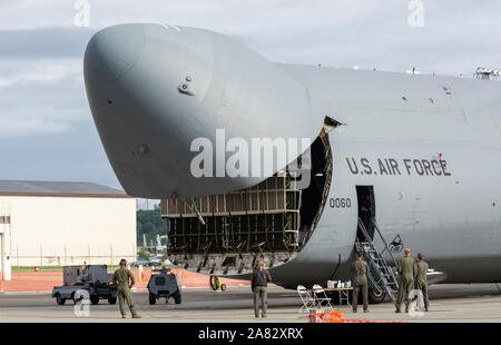 A United States Air Force C-5 Galaxy sits on static display at the 2018 Arctic Thunder Airshow. Stock Photo