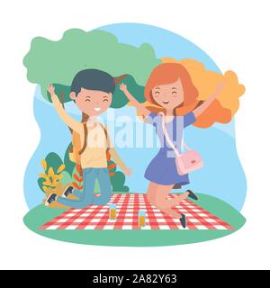 jumping couple blanket food picnic nature outdoors vector illustration Stock Vector