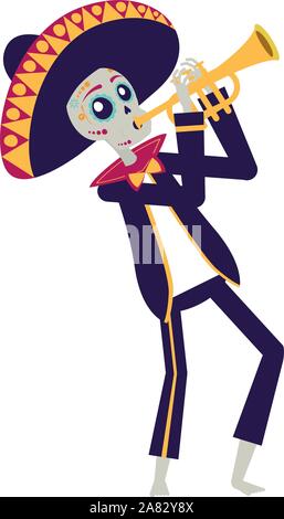 mariachi skull playing trumpet comic character Stock Vector