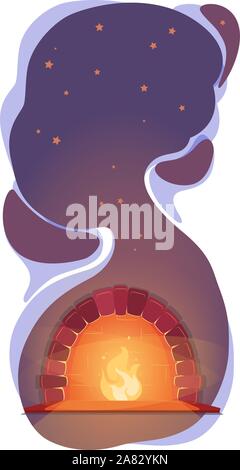 Relax Illustration with fireplace under night stars. Warm Autumn background. Vector cosmos vertical banner. Cozy cold season concept. Dreaming Resting evening. Copy space Dark romantic Flat design. Stock Vector