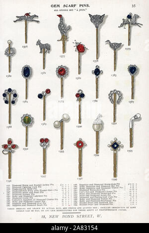 Gem scarf pins with diamond, ruby, sapphire, pearl, and cat's eye. Chromolithograph from Edwin Streeter's Gems Catalog, Bond Street, London, circa 1895. Stock Photo