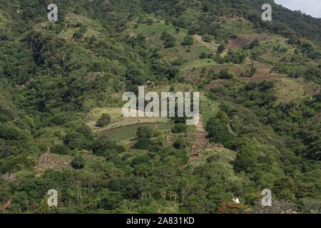 Small farm plots in the rich volcanic soil on the slopes of the Atitlan Volcano, Lake Atitlan, Guatemala. Stock Photo