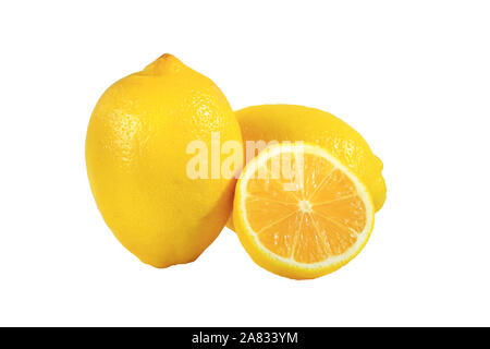 Lemon fruits and slices with leaf isolated on white background. Clipping path Stock Photo
