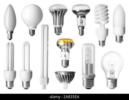 Different light bulbs on white background Stock Photo