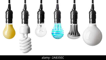 Different light bulbs on white background Stock Photo