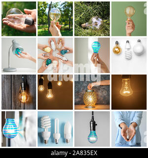 Collage with different light bulbs Stock Photo