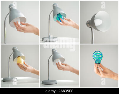Collage with different light bulbs and lamps on grey background Stock Photo
